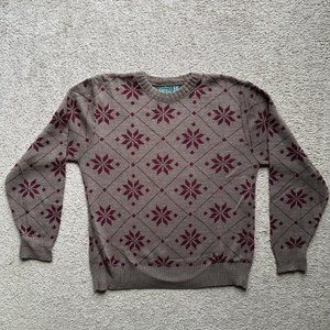 Izod Sweater Mens Large Vtg Snowflakes Crewneck Brown Red Long Sleeve Acrylic